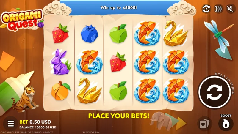 Origami Quest - igralni zaslon z vrstico za stave in gumbom Boost